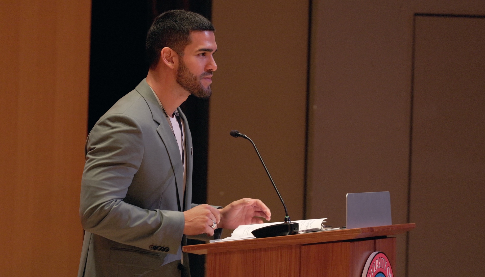 Alex Velasco at the podium during UTRGV Ring Ceremony 2025