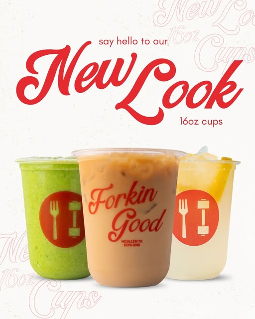 Fork to Fit's New Look campaign showing three drinks in new branded 16-ounce cups.